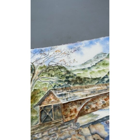 2 sided Watercolor Painting Flowers Vase Scenic Covered Bridge Landscape READ - Picture 8 of 11